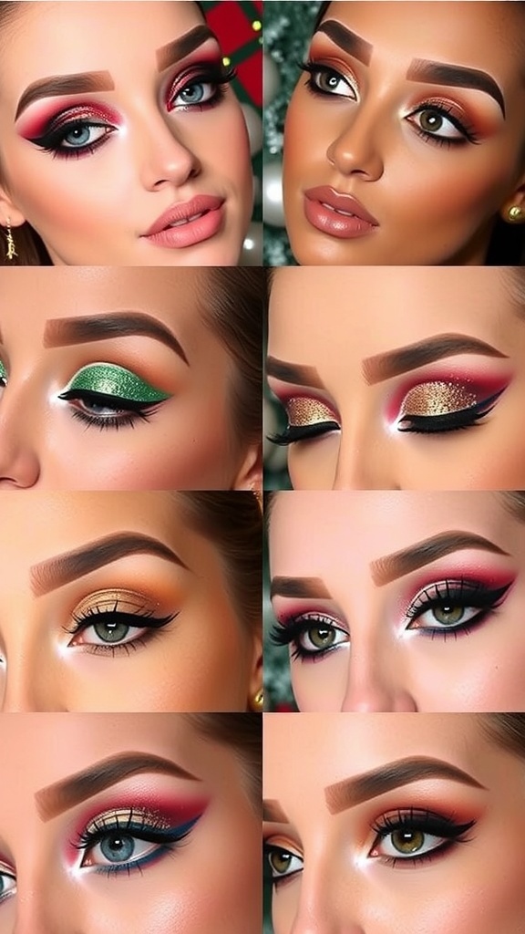 A display of various Christmas eye makeup looks featuring vibrant colors and festive designs.